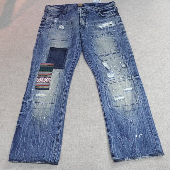 PRPS Jeans 40 x 30 Blue Straight Distressed Patchwork Baracuda NEW - Picture 1 of 15